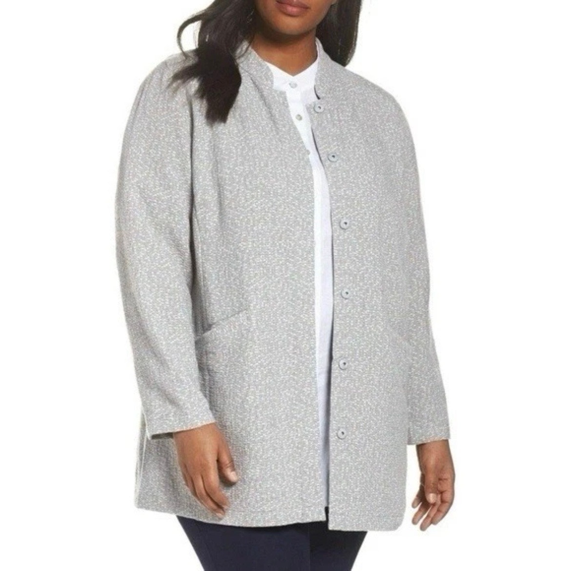Eileen Fisher Dark Pearl Textural Cotton Tencel Stretch Stand Collar Jacket M